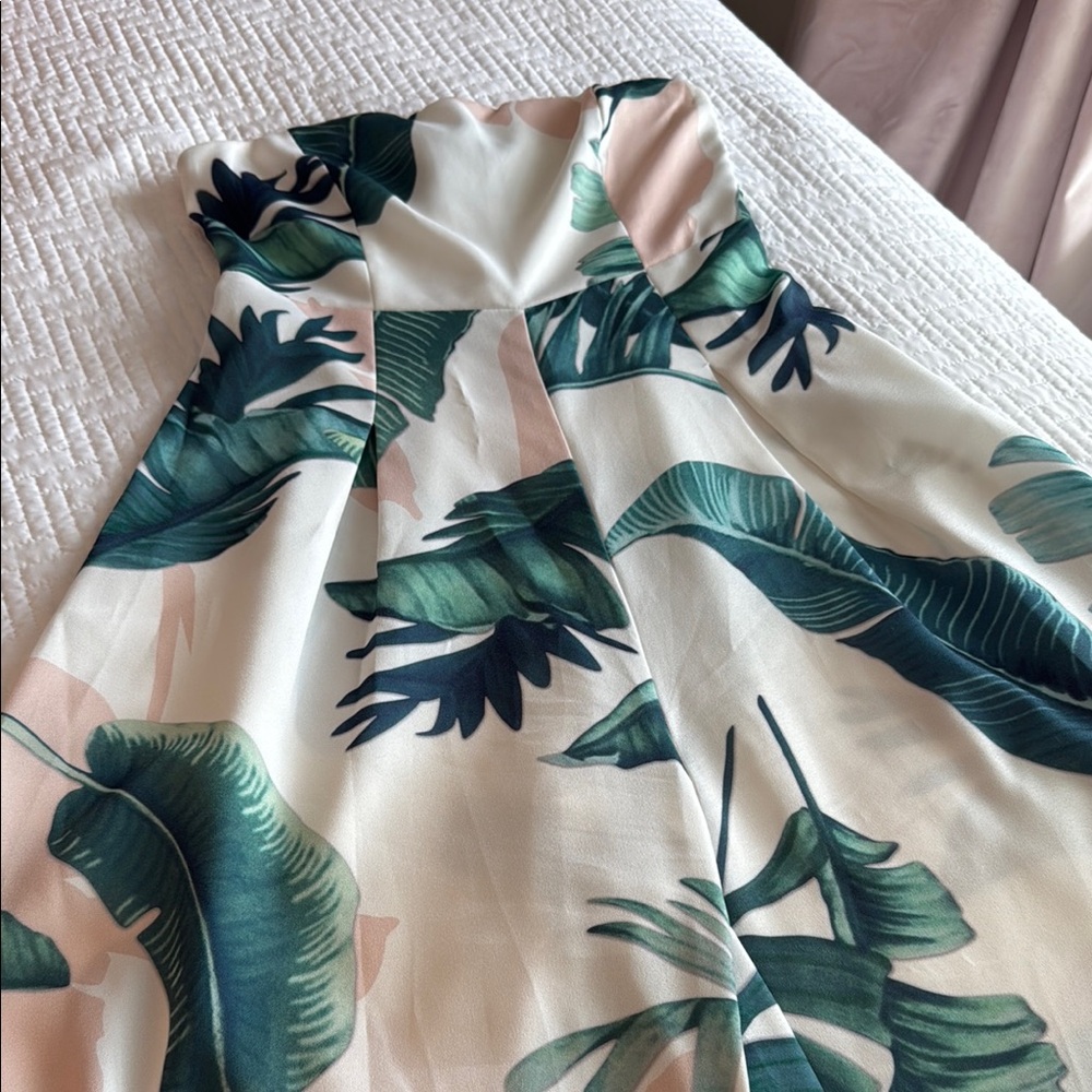 Tropical Leaf Print cropped strapless jumpsuit